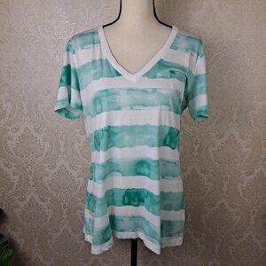 Gap Size Large Green White Watercolor Stripe T-Shirt Vneck Short Sleeve Pocket